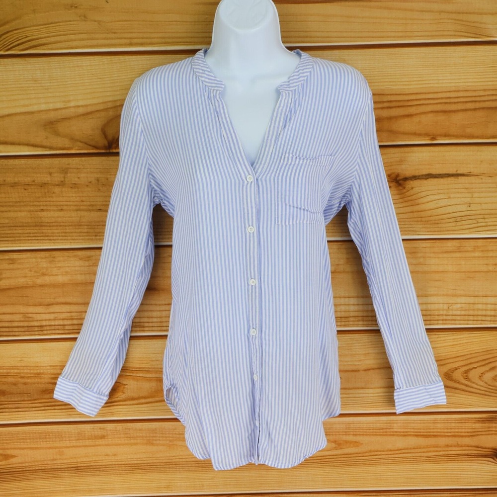 Forever 21 Button‎ Up Shirt Womens M Blue White Striped Lightweight Long Sleeves